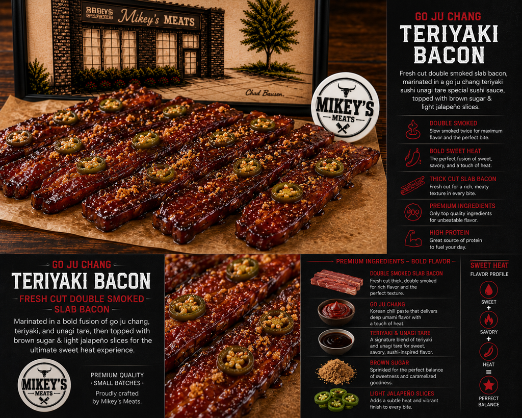 Go Ju Chang Teriyaki Candied Bacon | Double Smoked Slab Bacon | Mikey’s Meats