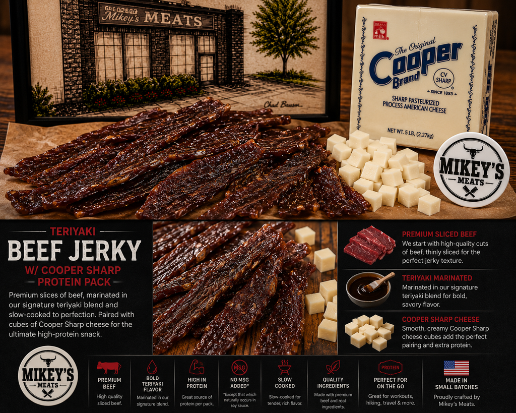 Teriyaki Beef Jerky with Cooper Sharp Cheese Protein Pack | Premium Whole Muscle Beef Jerky | Mikey’s Meats