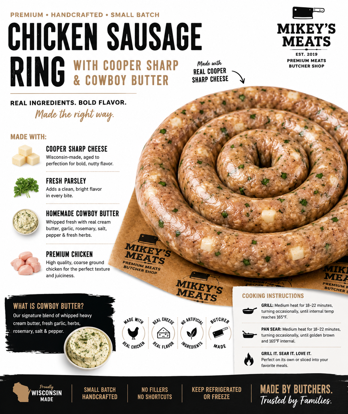 Chicken Sausage Ring with Cooper Sharp Cheese & House Made Cowboy Butter | Mikey’s Meats