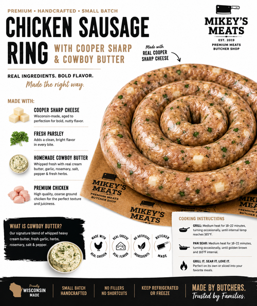 Chicken Sausage Ring with Cooper Sharp Cheese & House Made Cowboy Butter | Mikey’s Meats