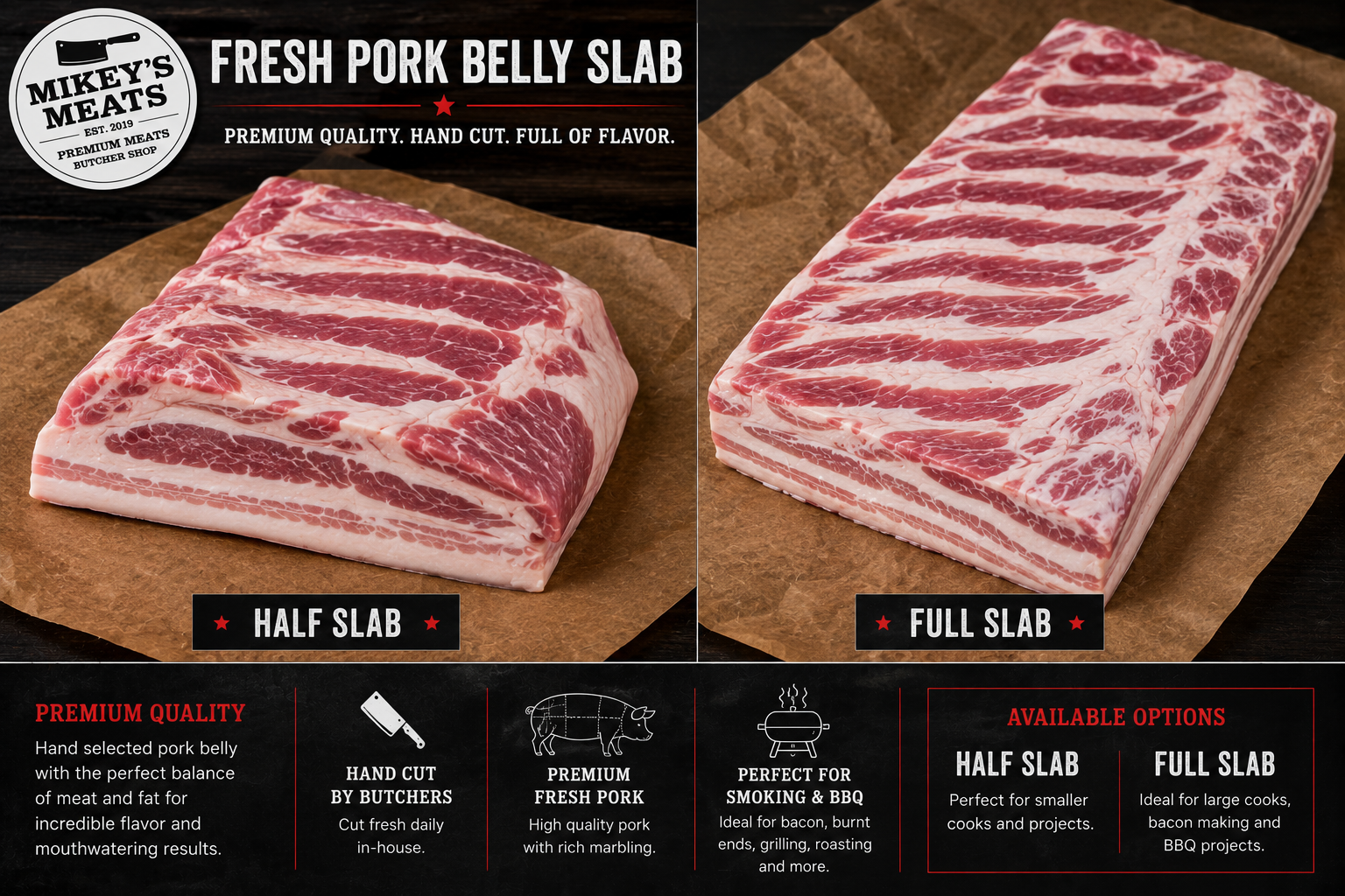 Fresh Pork Belly Slab | Full & Half Slab Pork Belly | Mikey’s Meats