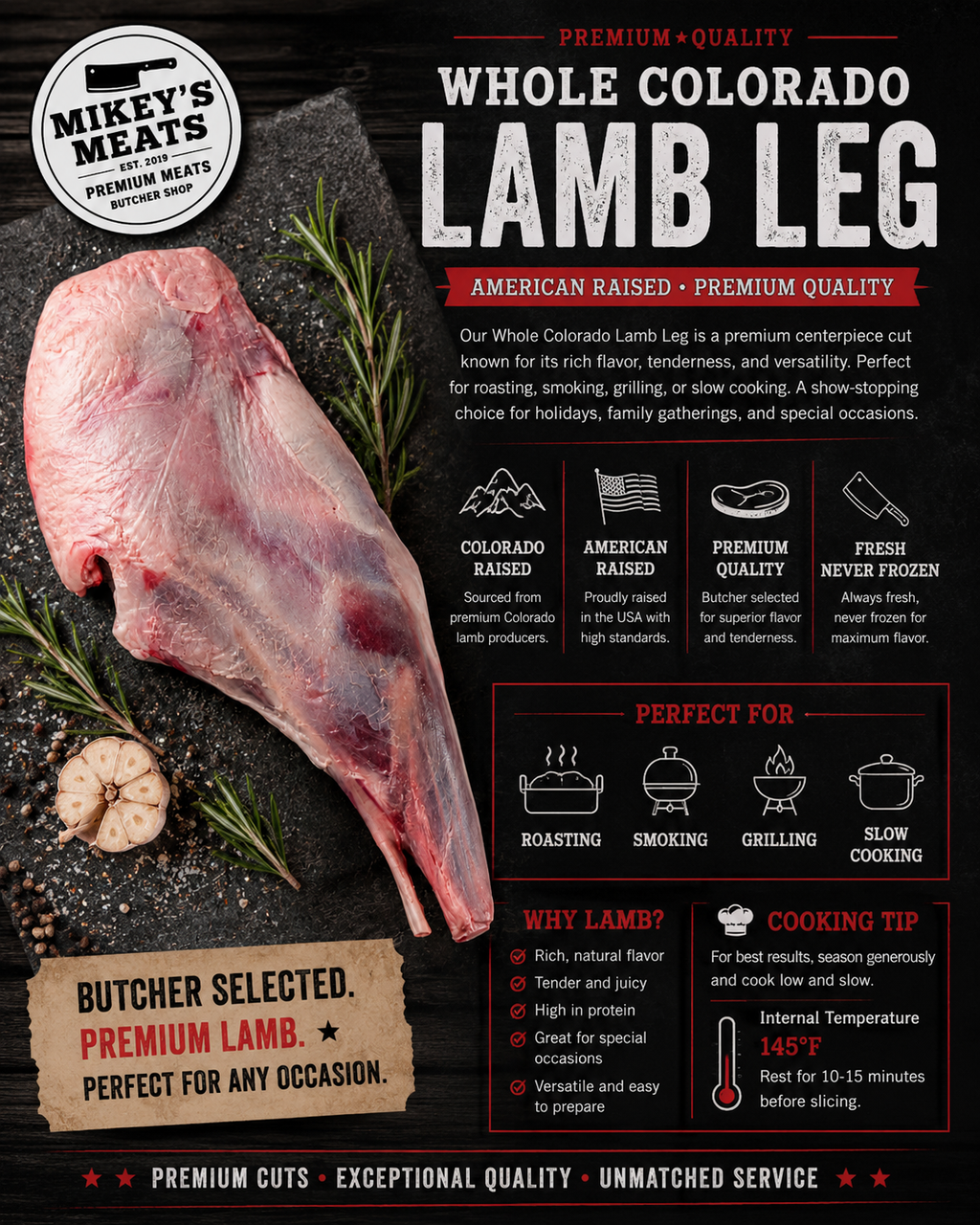 Whole Colorado Lamb Leg | Premium American Raised Lamb | Mikey’s Meats