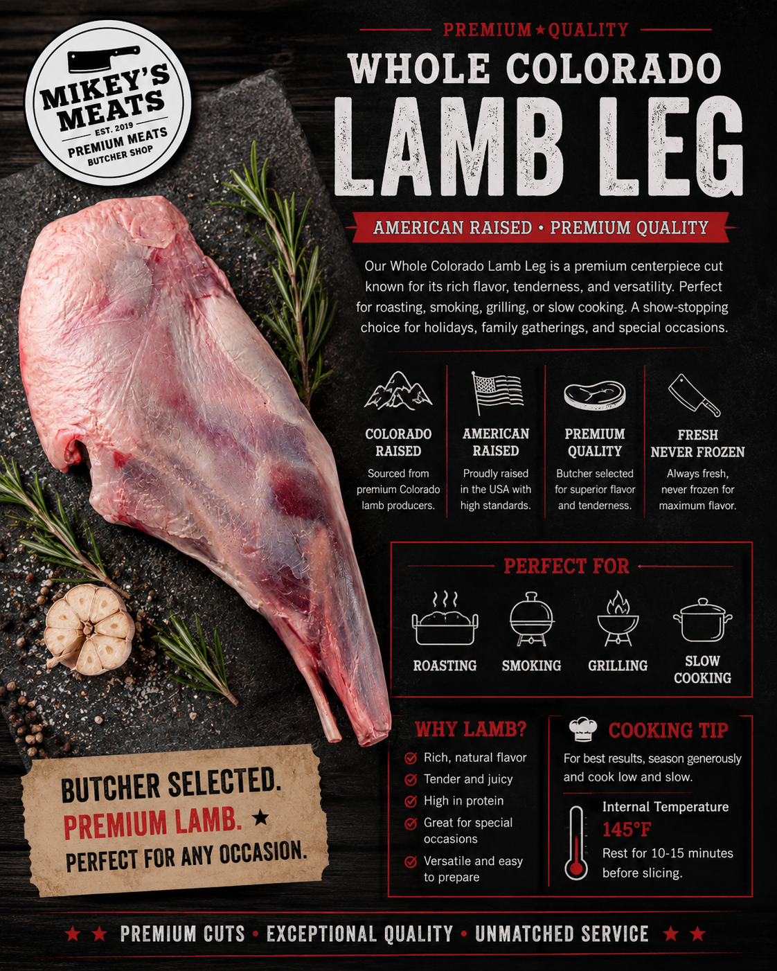 Whole Colorado Lamb Leg | Premium American Raised Lamb | Mikey’s Meats