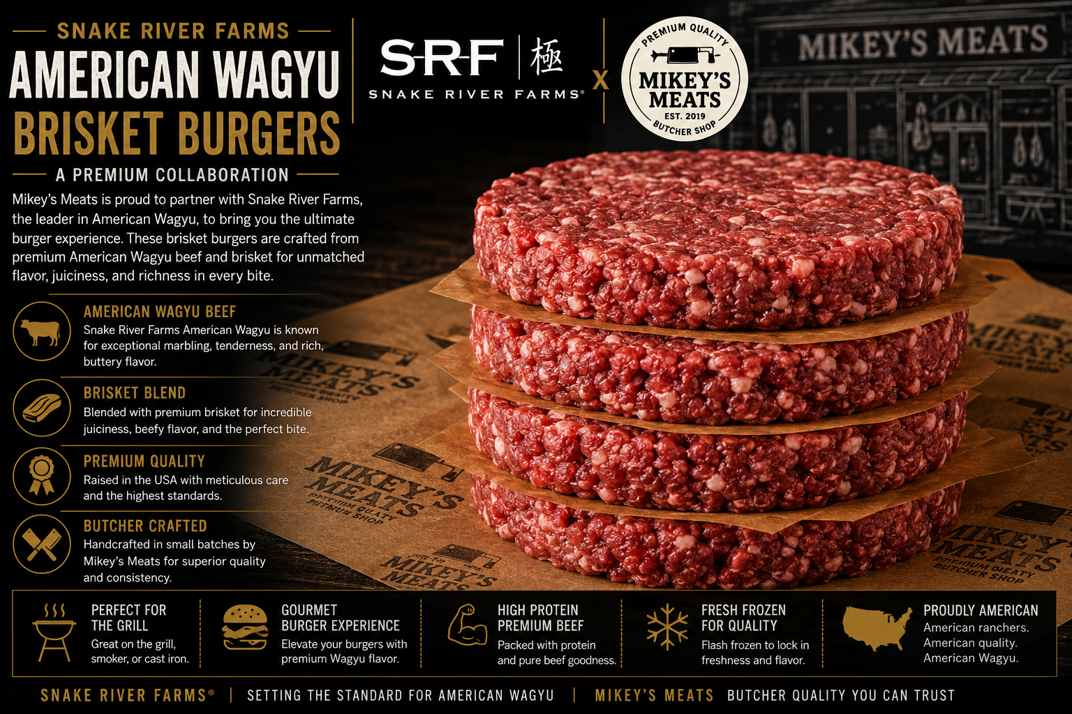 Snake River Farms American Wagyu Brisket Burger | Premium Wagyu Ground Beef | Mikey’s Meats