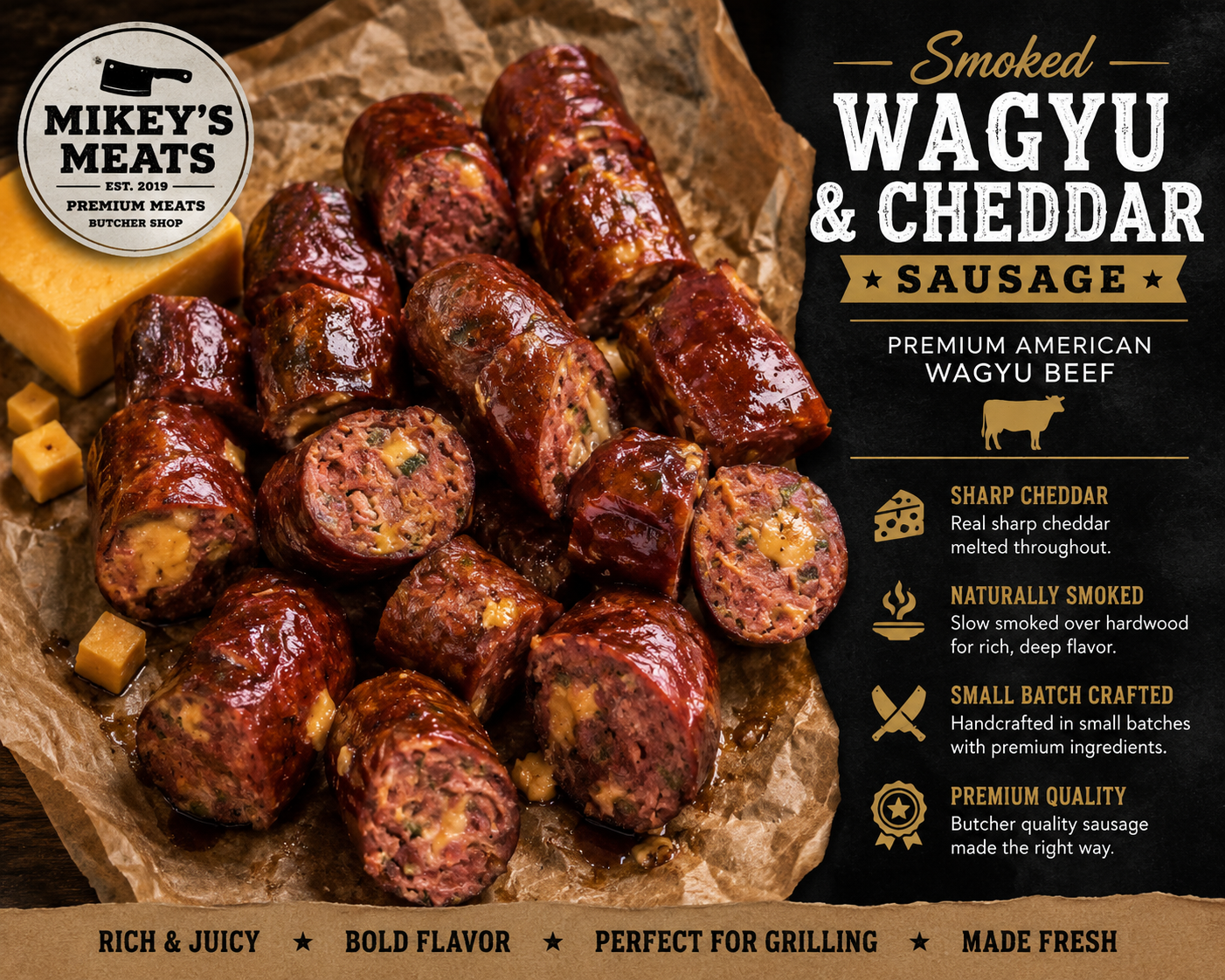 Smoked Wagyu & Cheddar Sausage | Premium American Wagyu Sausage | Mikey’s Meats