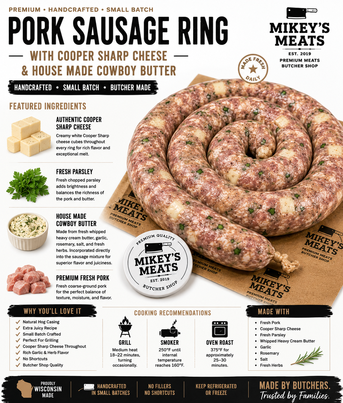 Pork Sausage Ring with Cooper Sharp Cheese & House Made Cowboy Butter | Mikey’s Meats