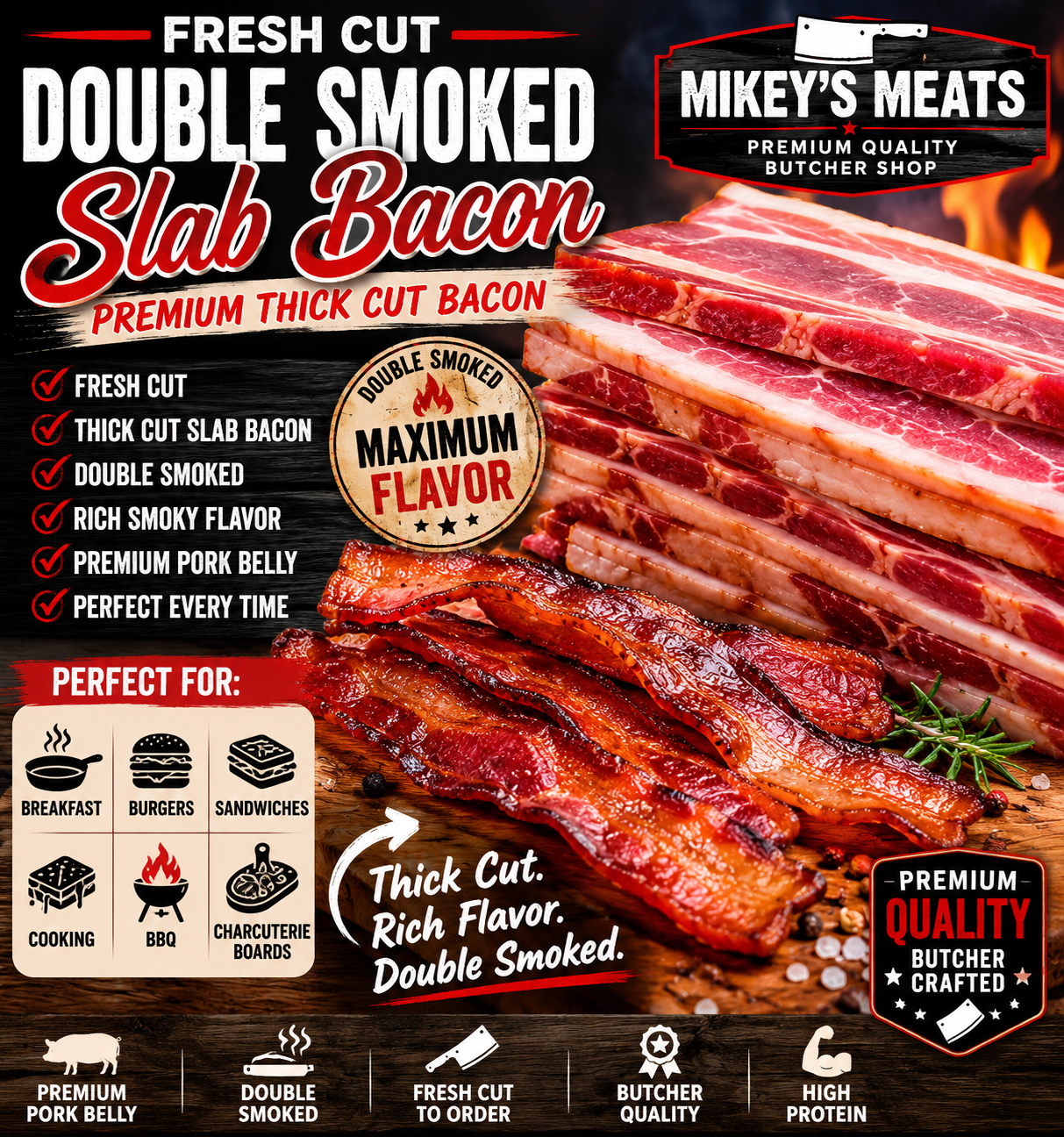 Fresh Cut Double Smoked Slab Bacon | Premium Thick Cut Bacon | Mikey’s Meats