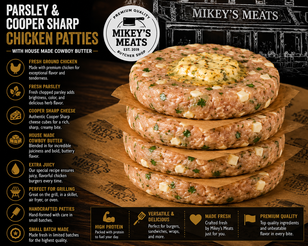 Parsley & Cooper Sharp Chicken Patties with House Made Cowboy Butter | Mikey’s Meats