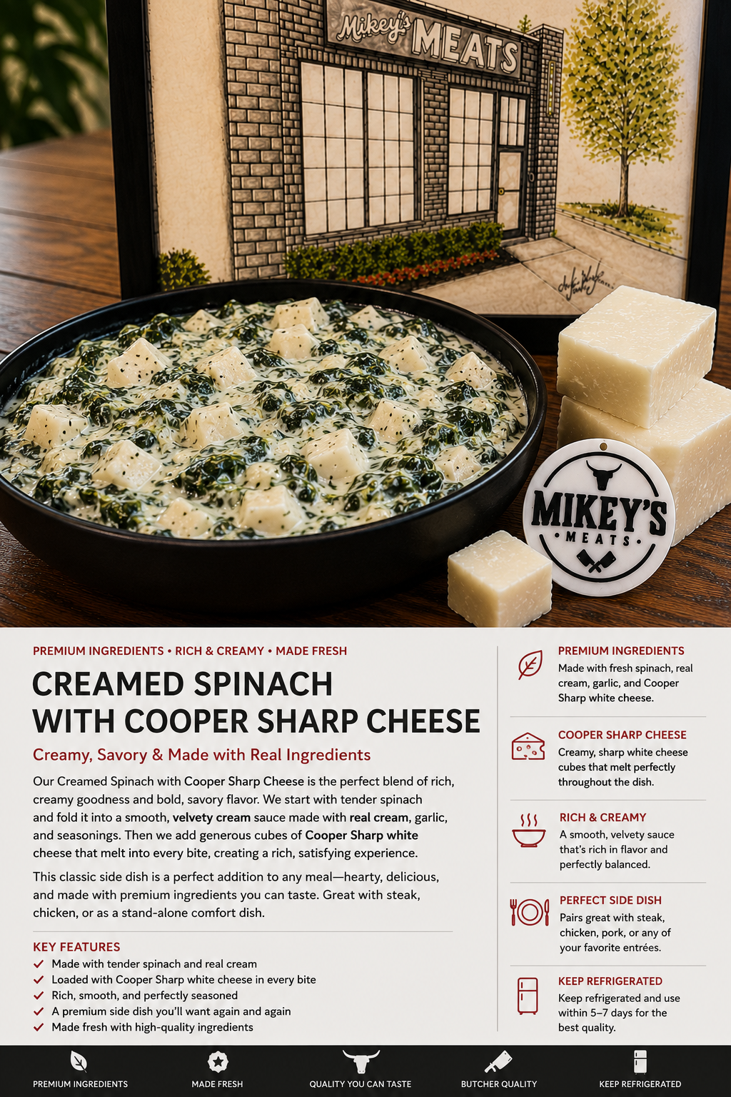 Cooper Sharp Creamed Spinach | Gourmet Creamed Spinach with Cooper Sharp Cheese | Mikey’s Meats