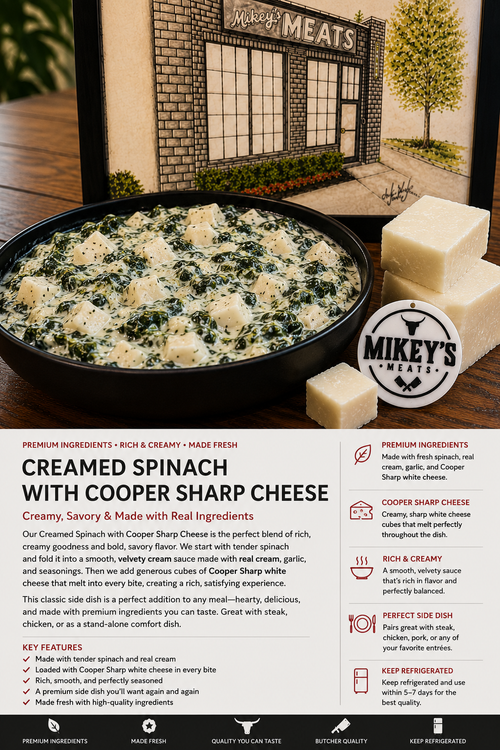 Cooper Sharp Creamed Spinach | Gourmet Creamed Spinach with Cooper Sharp Cheese | Mikey’s Meats
