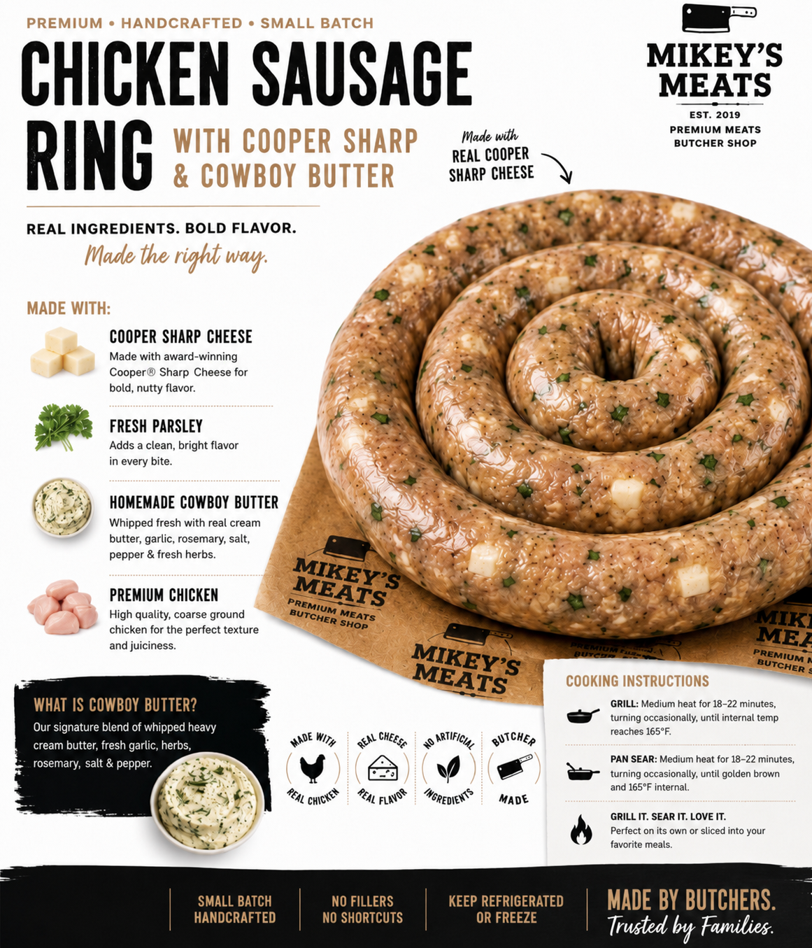 Chicken Sausage Ring with Cooper Sharp Cheese & House Made Cowboy Butter | Mikey’s Meats