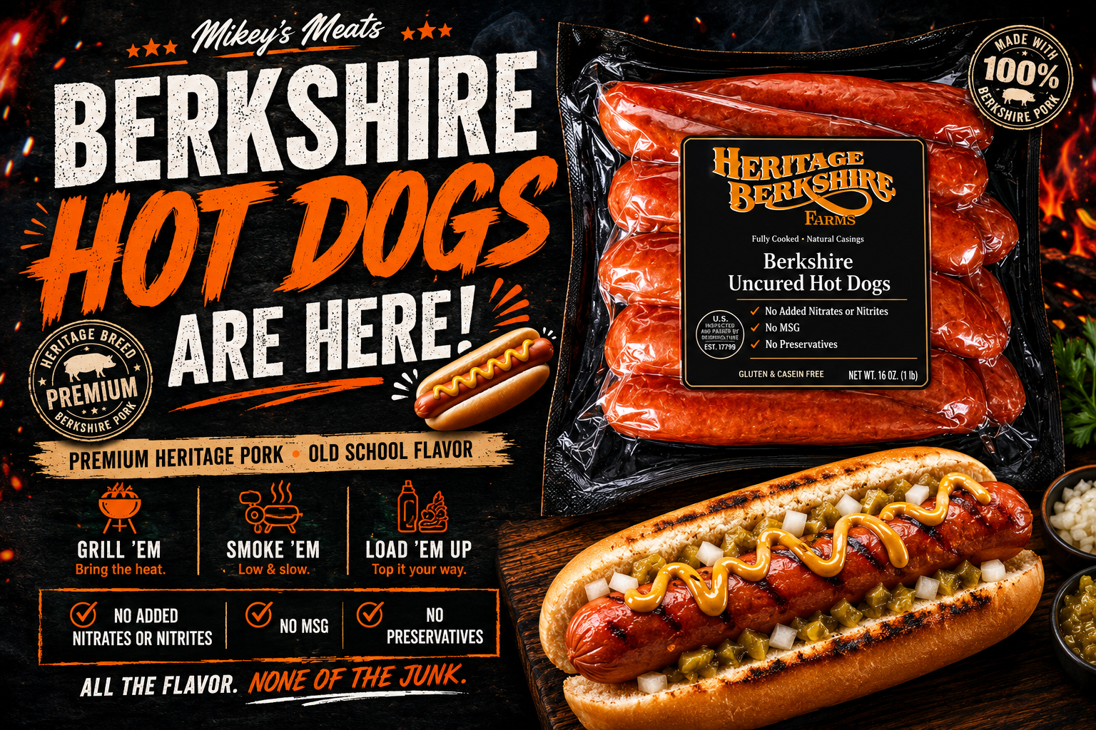 All Natural Berkshire Pork Hot Dogs | Premium Gourmet Hot Dogs | Mikey's Meats