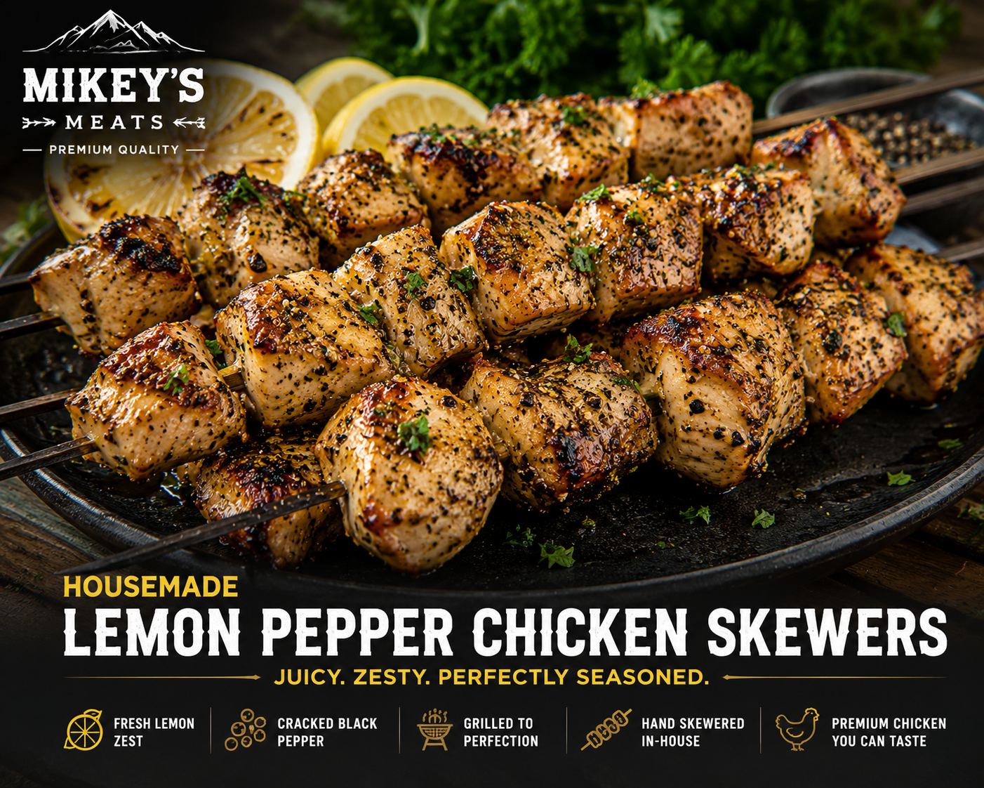 Lemon Pepper Chicken Skewers | Hand-Cut Chicken Kabobs | Mikey’s Meats