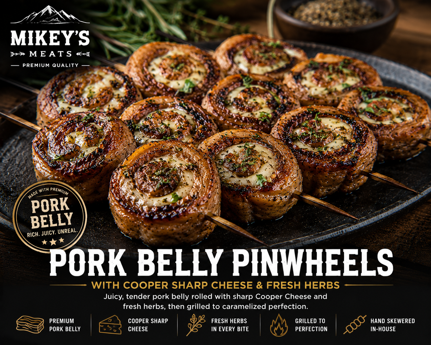 Pork Belly Pinwheels | Hand-Skewered Premium Pork Belly | Mikey’s Meats